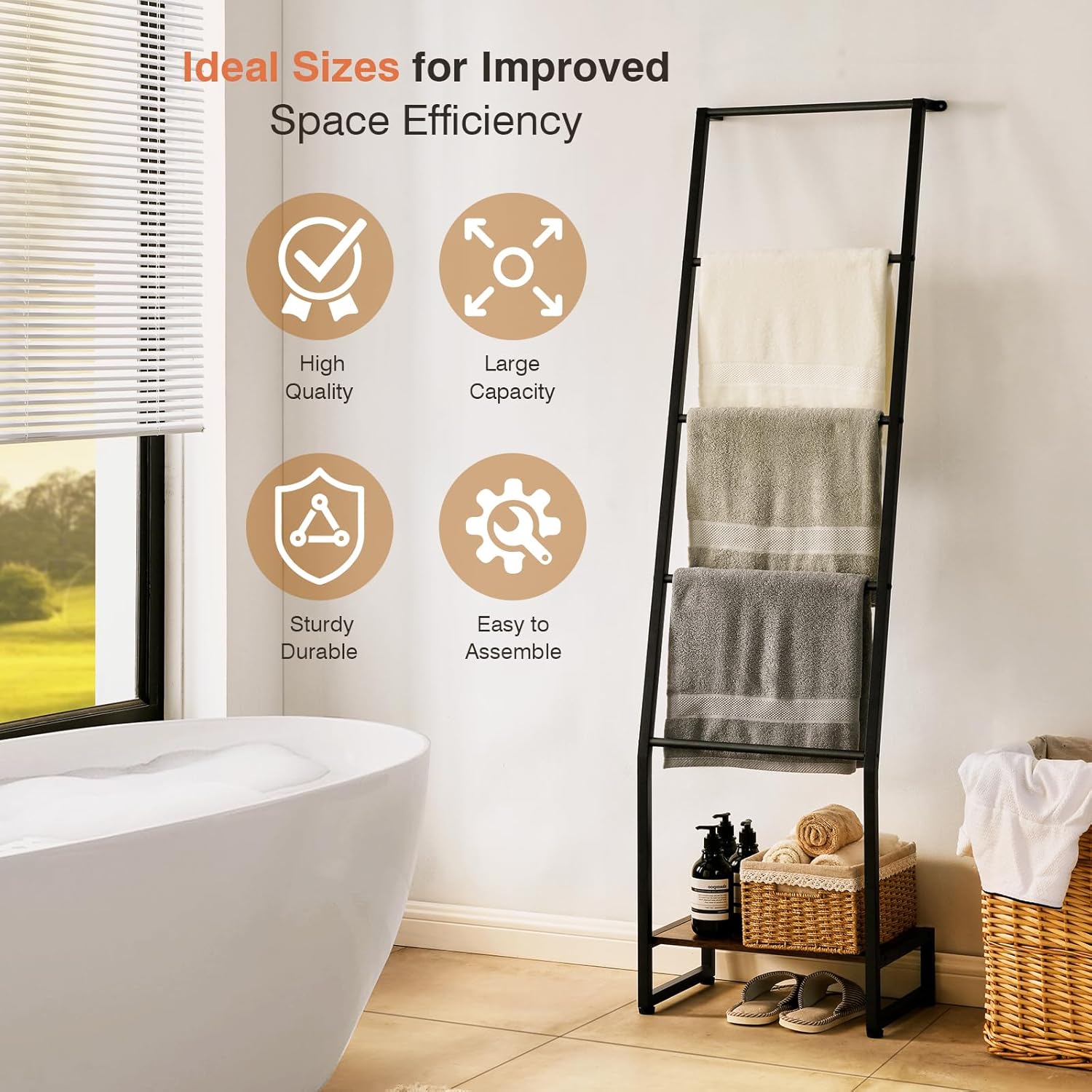 5 Tier Wooden Blanket Ladder Rack, Rustic Brown and Black G4118