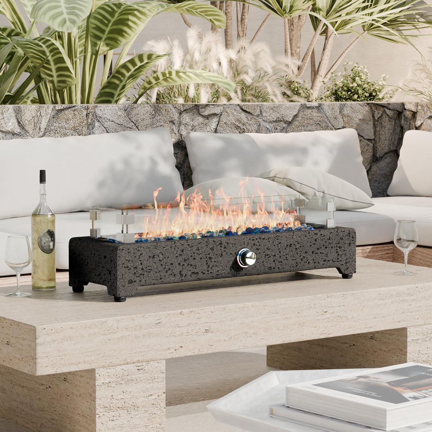 28" Tabletop Propane Fire Pit with Stainless Steel Burner and Glass Rocks Z1006