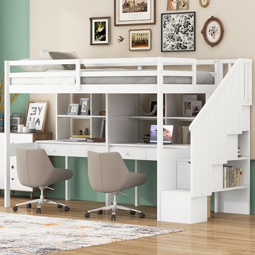 White Twin Size Wood Loft Bed with Stairs and Desks F6679