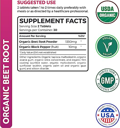 Organic Beet Root Powder 120 Tablets 1350mg Beets Per Serving with Black Pepper Z53654