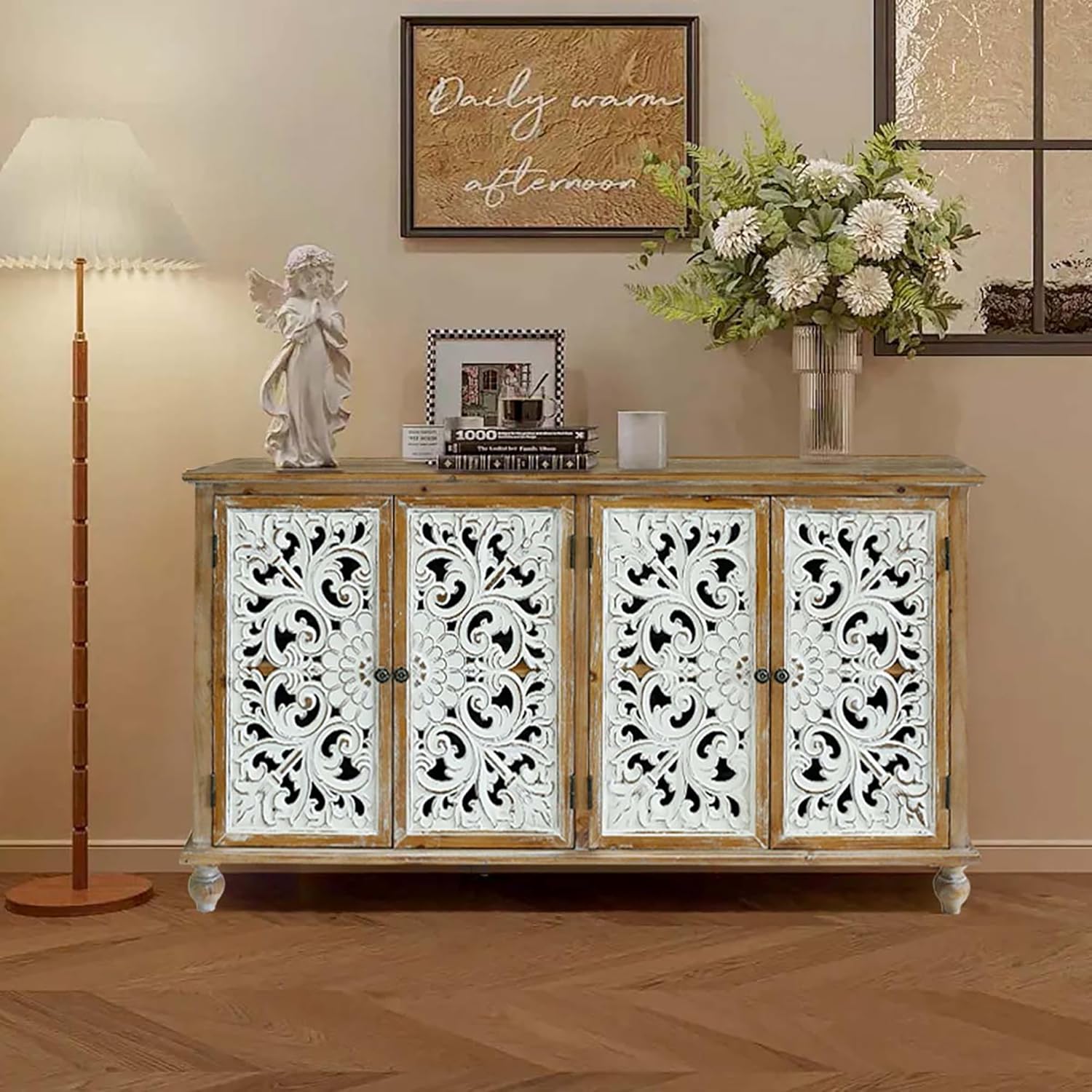 Accent Cabinet with 4 Doors and Wood Carved Floral Doors X834
