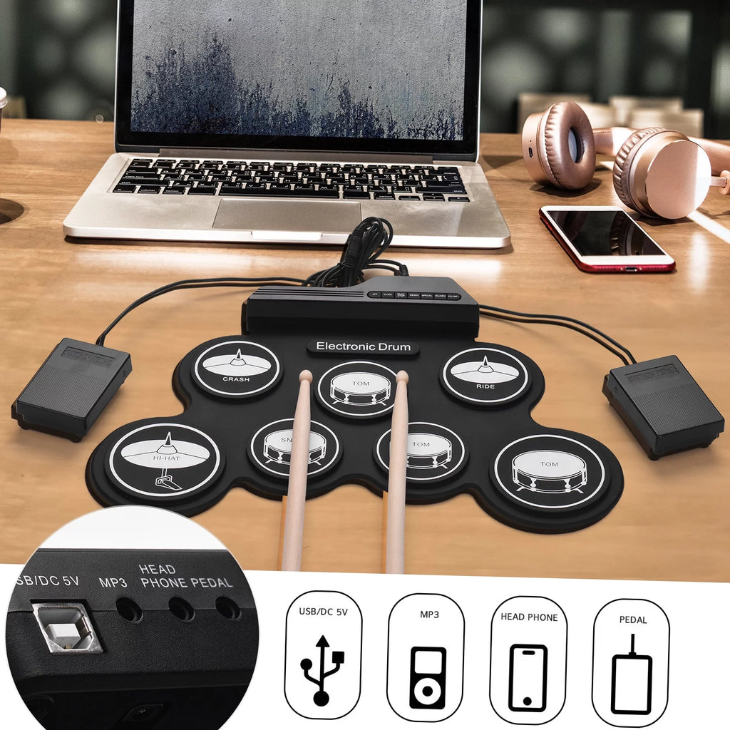 Compact USB Silicon Drum Set with 7 Drum Pads Drumsticks Foot Pedals F90767