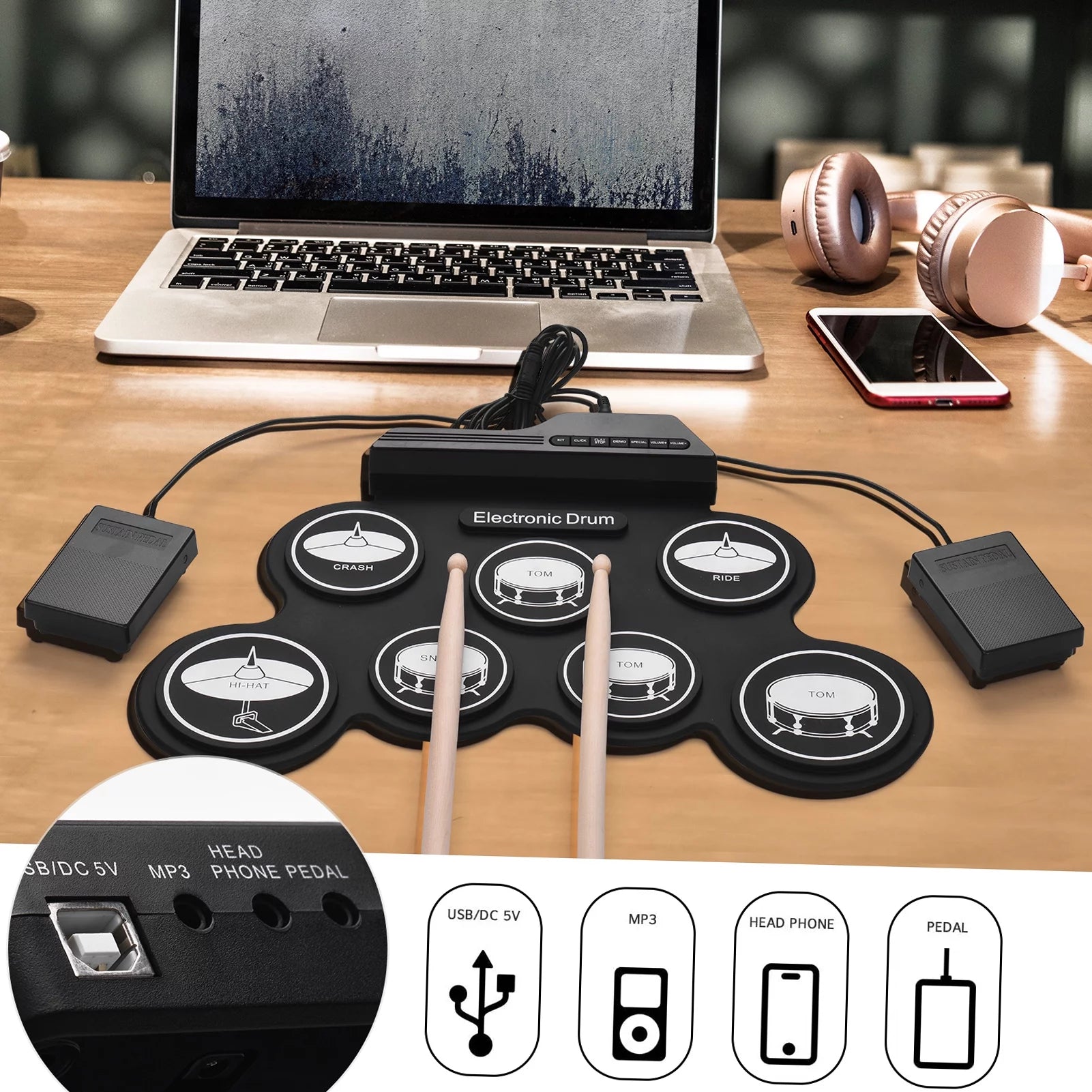 Compact USB Silicon Drum Set with 7 Drum Pads Drumsticks Foot Pedals F90767