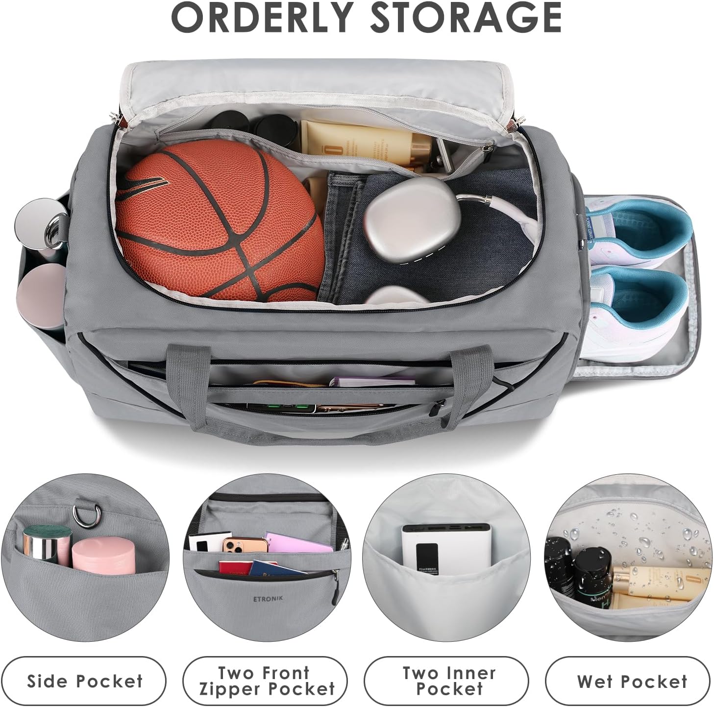 Grey Gym Duffle Bag with Lock and Shoe Compartment Y6468