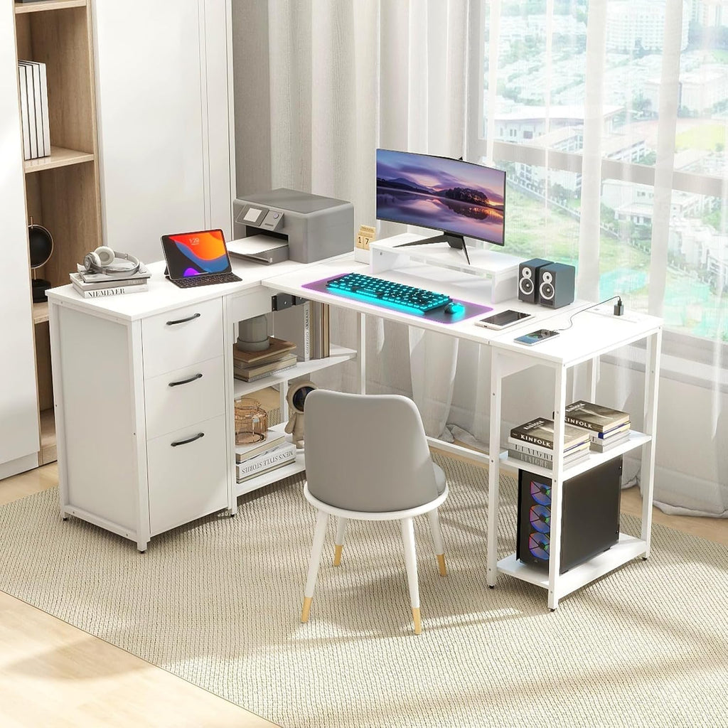 61" L Shaped Desk with Lift Top, Power Outlets, Drawers, Open Storage Shelf, Monitor Stand N6682