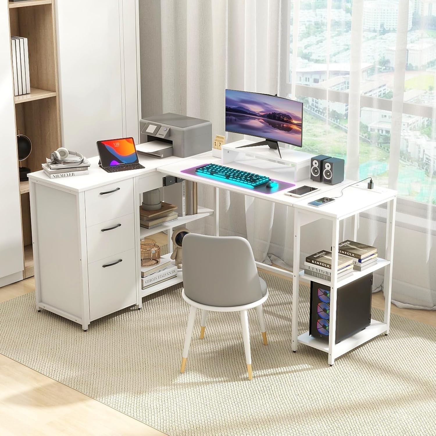 61" L Shaped Desk with Lift Top, Power Outlets, Drawers, Open Storage Shelf, Monitor Stand N6682