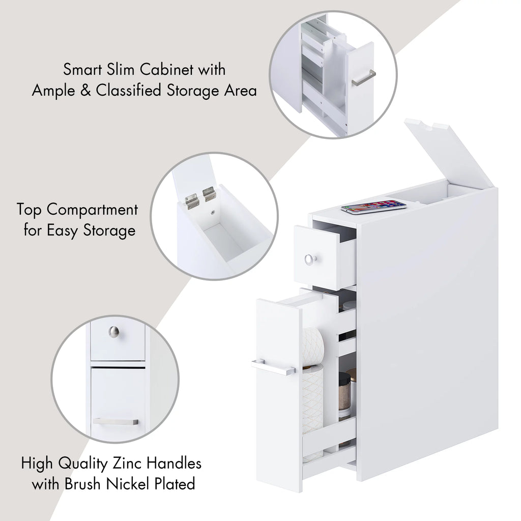 White Slim Bathroom Storage Cabinet with Toilet Paper Holder and Slide Out Drawer S97257