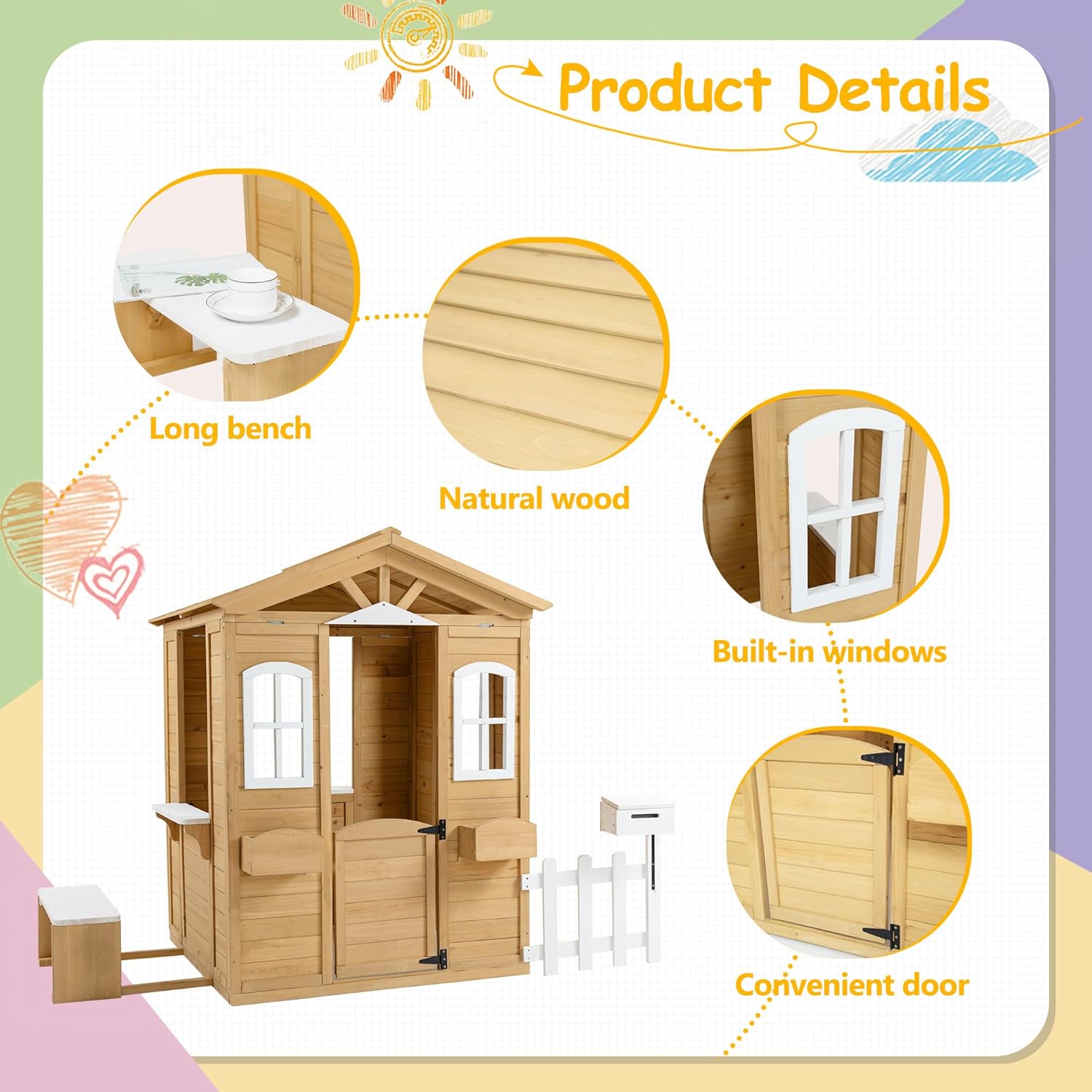 Natural Wooden Playhouse with Working Door, Windows, Mailbox, Bench, Flowers Pot Holder J857