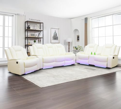 Black 3 Piece Leather Power Reclining Sofa Set with LED Lights V80650