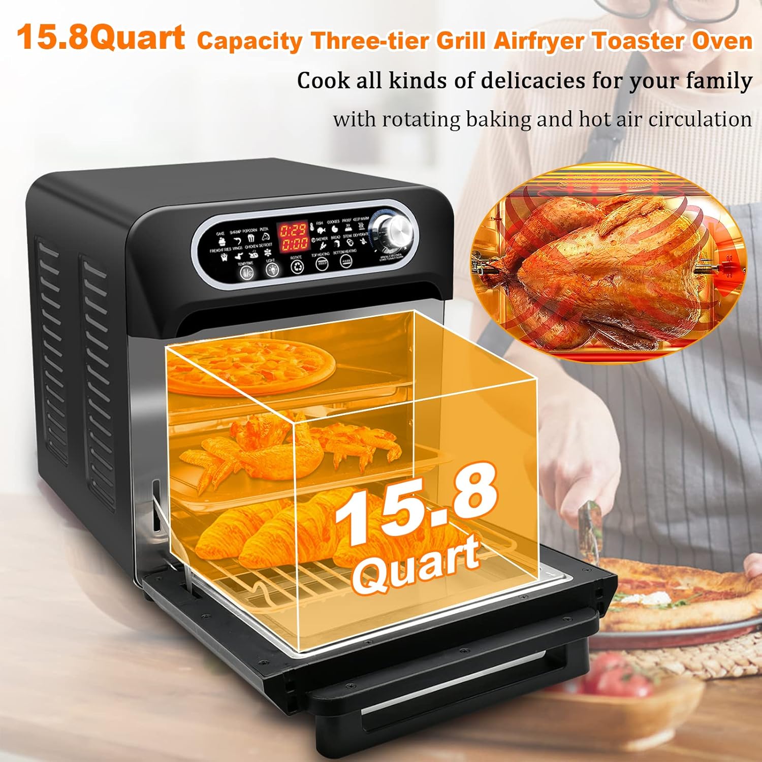 15.8qt 3-layer 16-in-1 Convection Air Fryer Toaster Oven with 6 Accessories, 1500W, Stainless Steel G9723
