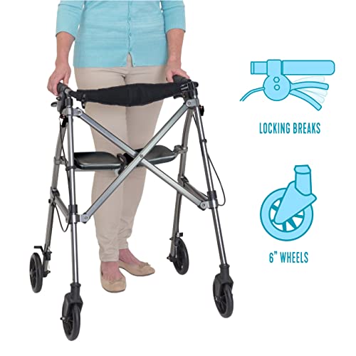 Black Walnut Short Lightweight Folding Rollator with Wheels and Seat E86137