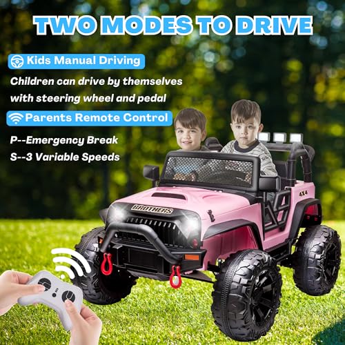 24V Electric Cars Vehicles Toys for Kids -2 Seater, 4x200W Powerful Wheels 4WD Ride on Truck Kids with 3 Speed Remote Control Spring Suspension, Bluetooth, MP3 Music, Soft Brake (Hot Pink) F15319