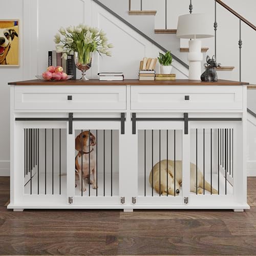 Brown White Dog Crate Furniture for 2 Dogs with Sliding Barn Door G787