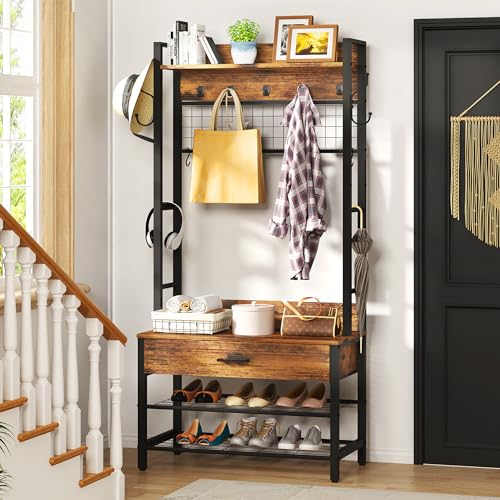 5-in-1 Wood Look Hall Tree with Bench and Shoe Storage, 12 Hooks M84124