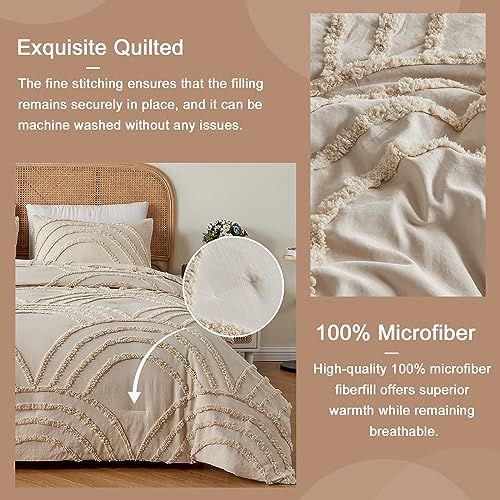 Twin XL Beige Tufted Rainbow Microfiber Comforter Set with 1 Pillowcase F9086