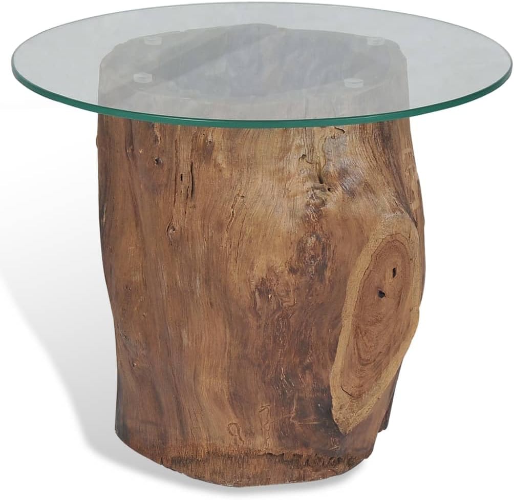 Teak Tree Stump Coffee Table with Tempered Glass Top P15897