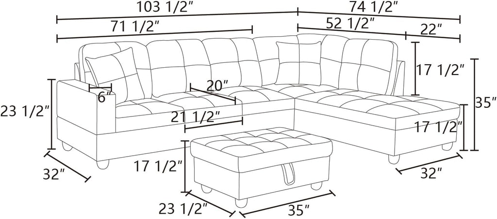 Black Faux Leather 3 Piece L Shape Sectional Sofa Set with Storage Ottoman G8817