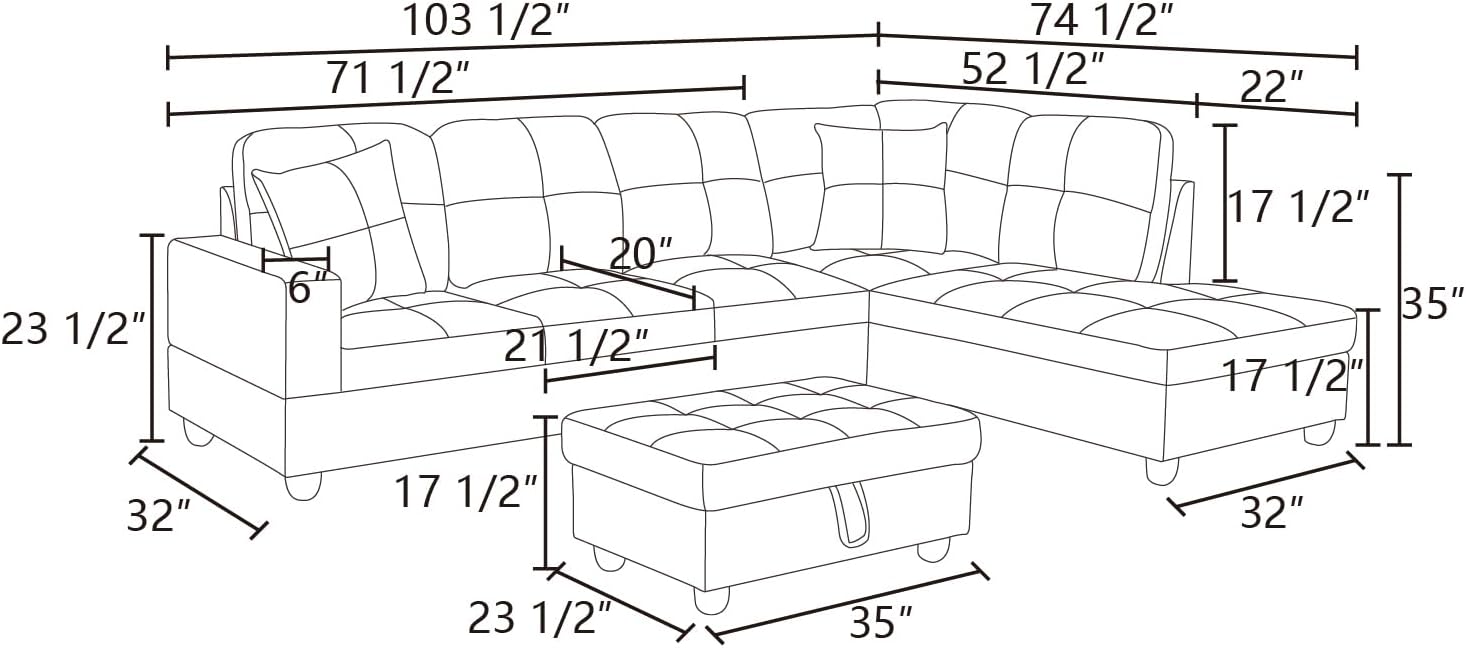 Black Faux Leather 3 Piece L Shape Sectional Sofa Set with Storage Ottoman G8817