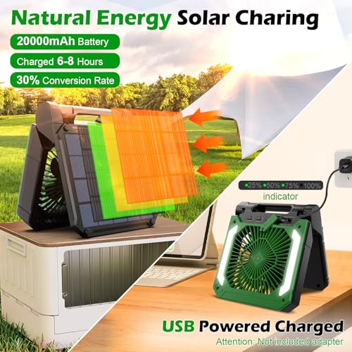 20000mAh Solar Powered Hangable Camping Fan with LED Lantern, 3 Speeds Rechargeable Quiet Battery Operated Fan with Timing & PowerBank K8355