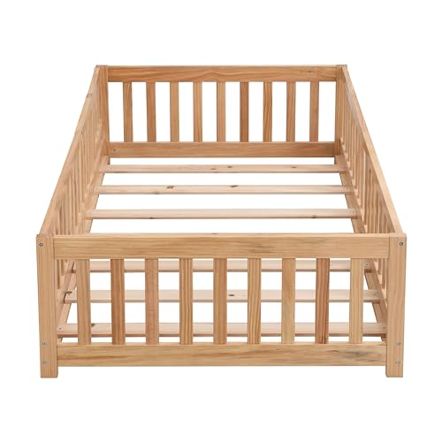 Gray Solid Wood Twin Size Floor Bed with Rails and Slats N23920