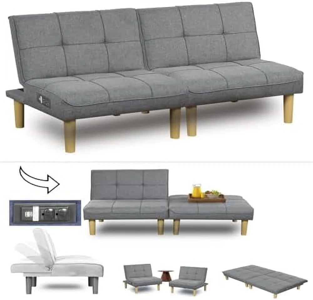 Comfy Convertible 2 Seater Futon Sofa Couch with USB Port Armless Adjustable Backrest K1527