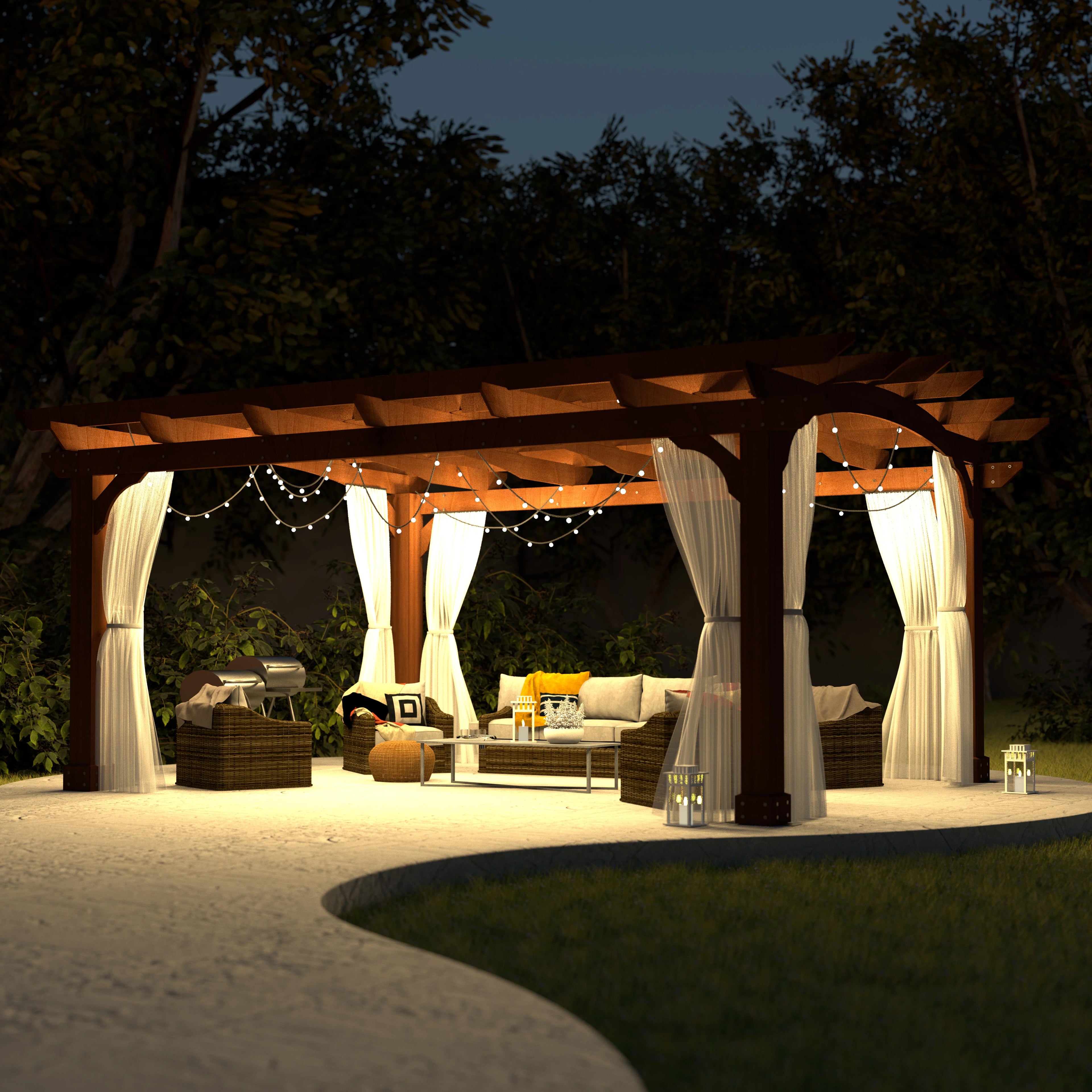 12' x14' Cedar Wood Pergola with Arched Roof and Ground Stakes X5876