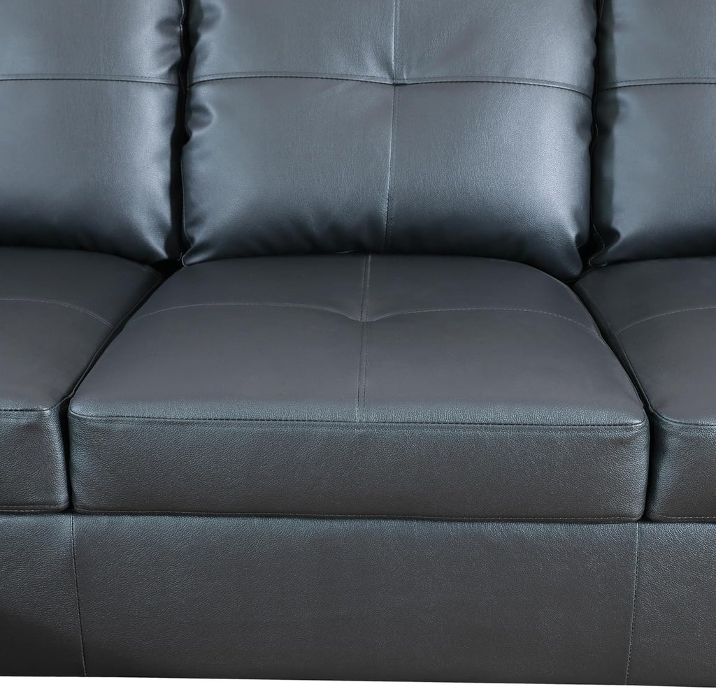 Black Faux Leather 3 Piece L Shape Sectional Sofa Set with Storage Ottoman G8817