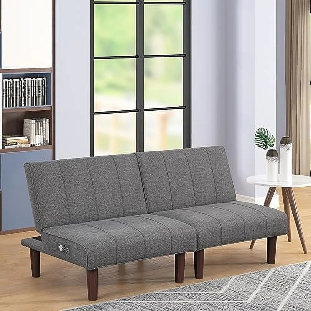 Comfy Convertible 2 Seater Futon Sofa Couch with USB Port Armless Adjustable Backrest K1527