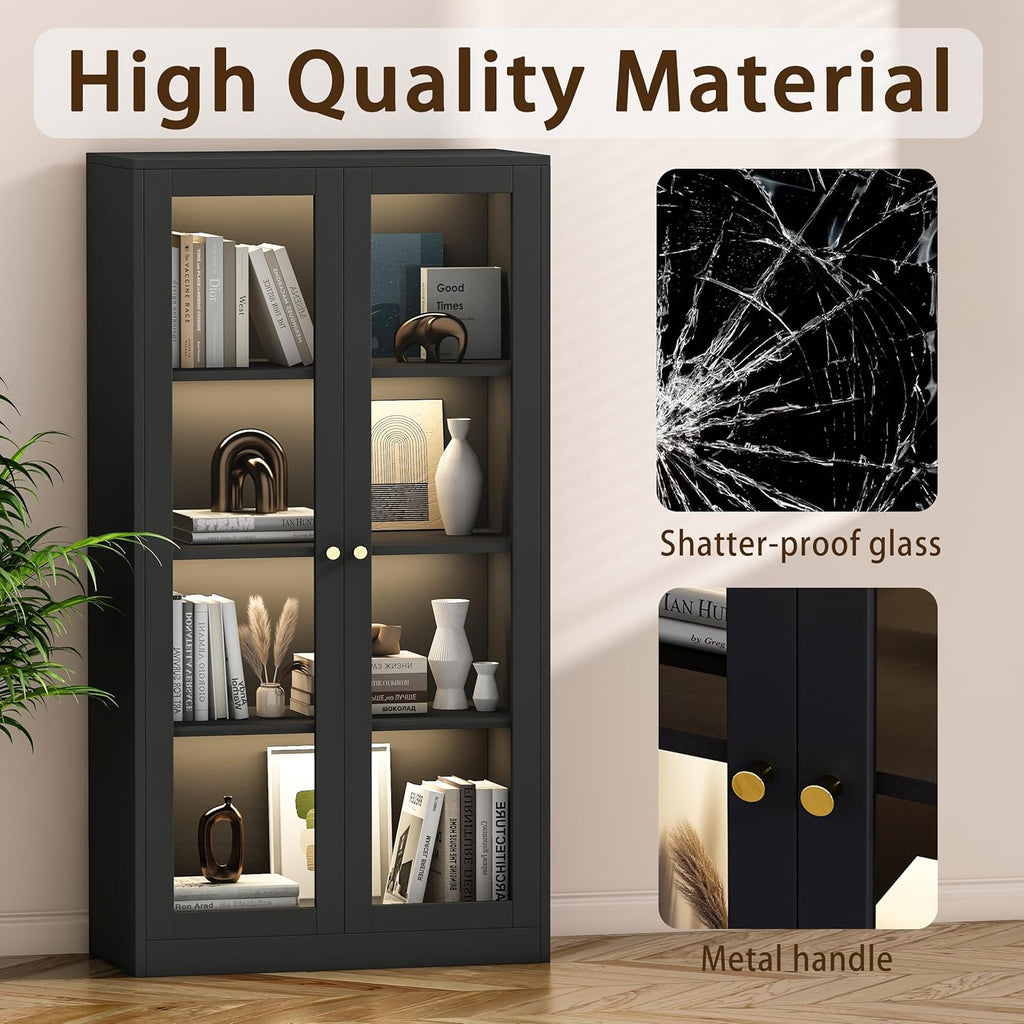 Black Glass Display Cabinet with LED Light and 3 Adjustable Shelves O70489
