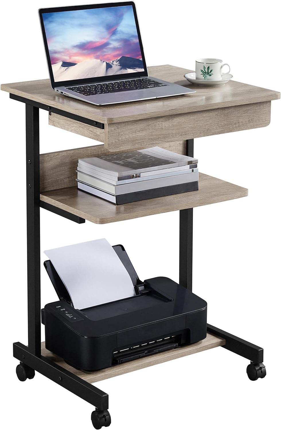 Mobile Compact Computer Desk Cart with Drawers and Printer Shelf on Wheels C75645