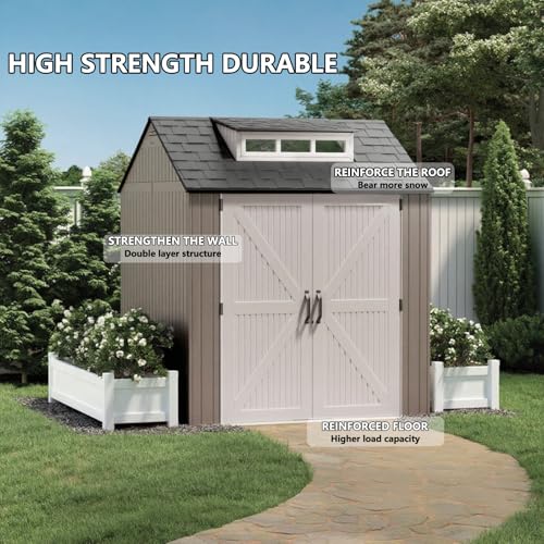 Large Resin Outdoor Storage Shed with Floor (7-10.5 Ft) Brown 7x7 FT R8722