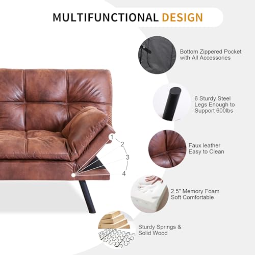 Faux Leather Futon Bed, Convertible Memory Foam Sofa Bed, 71" Sofas, Matte Black K3583