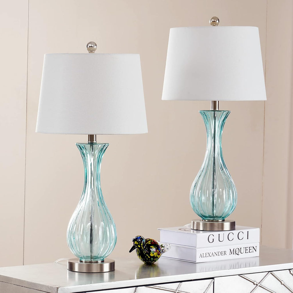 Set of 2 Blue Glass Table Lamps with White Shade R6486