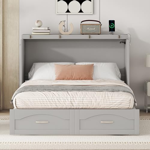 White Solid Wood Queen Size Murphy Bed with Storage and Bookcase Headboard L8840