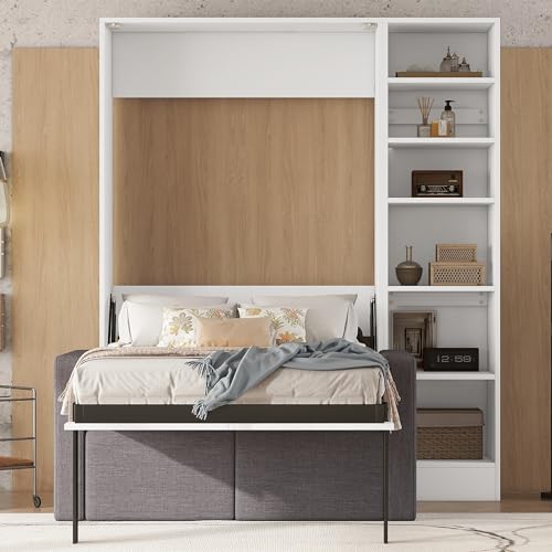 Queen Murphy Wall Bed with Sofa and Storage Shelves L109