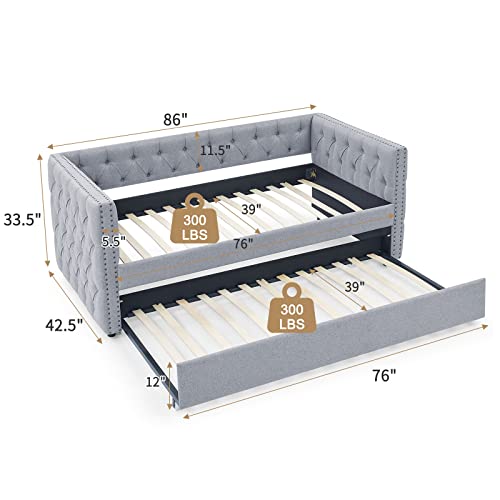 Twin Size Linen Fabric Upholstered Daybed with Trundle R5790