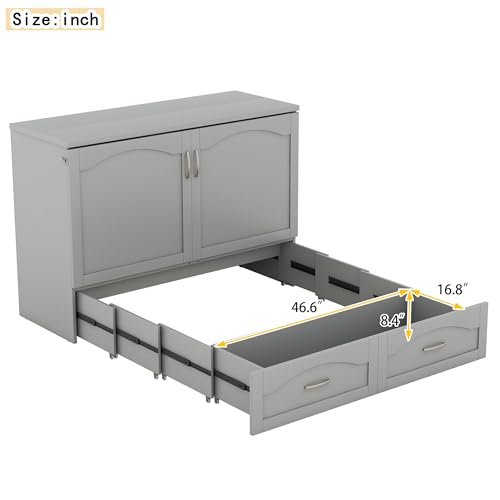 White Solid Wood Queen Size Murphy Bed with Storage and Bookcase Headboard L8840