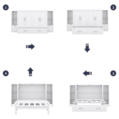 White Queen Size Wood Murphy Bed with Shelves and Storage Drawers U66402