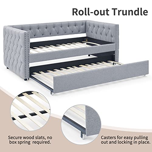 Twin Size Linen Fabric Upholstered Daybed with Trundle R5790