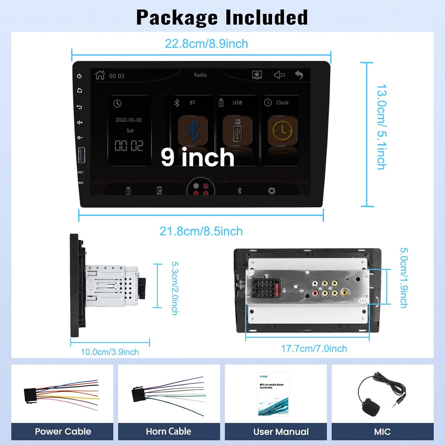 9 Inch Touchscreen Single Din Car Stereo with Wireless Carplay Android Auto Bluetooth FM EQ Backup Camera Car MP5 Player with Steering Wheel Control 7 Color Light MIC J7883