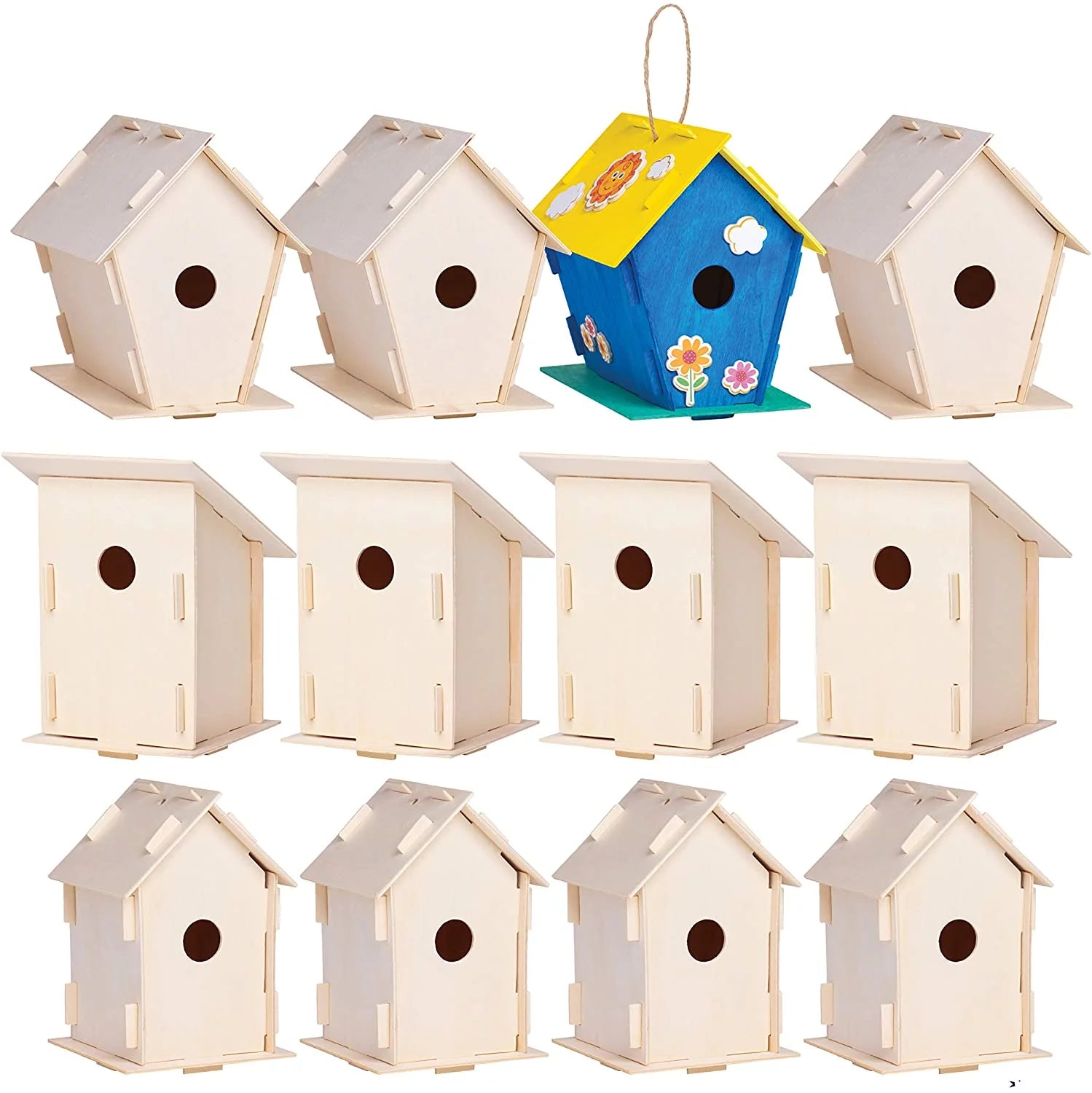 12 Wooden Birdhouse Crafts for Kids with Paint Strips, Paintbrushes & Stickers K97965