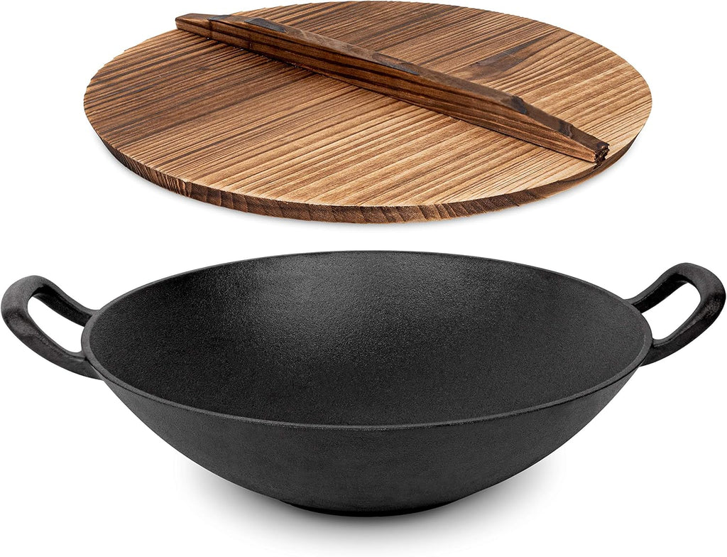 Pre-Seasoned Cast Iron Wok with Wooden Lid 14 Inches Nonstick Deep Frying Pan P1176