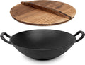 Pre-Seasoned Cast Iron Wok with Wooden Lid 14 Inches Nonstick Deep Frying Pan P1176