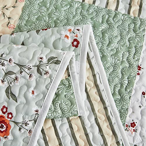 Full/Queen Size 3 Pieces Green Floral Plaid Microfiber Reversible Quilt Set A114