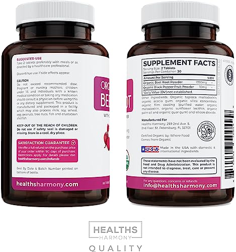 Organic Beet Root Powder 120 Tablets 1350mg Beets Per Serving with Black Pepper Z53654
