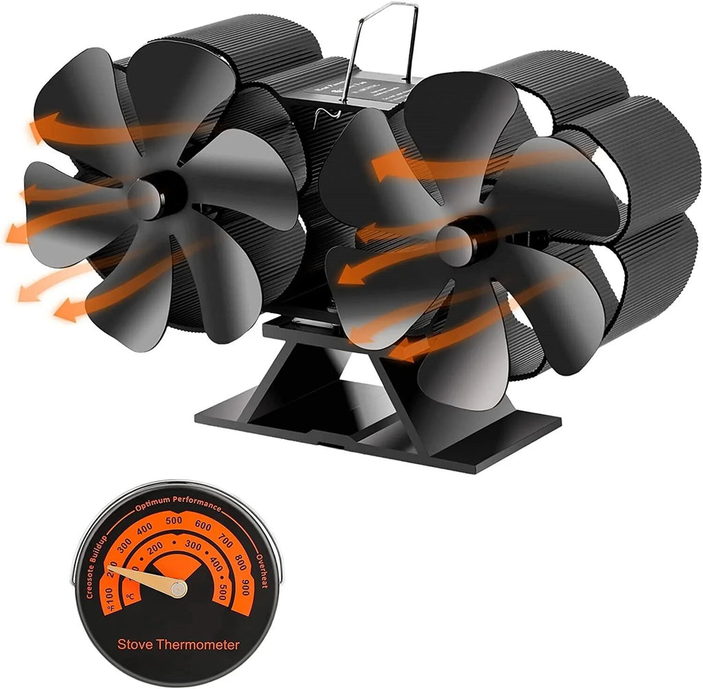 12-Blade Dual Head Heat Powered Wood Stove Fan with Magnetic Thermometer K8582