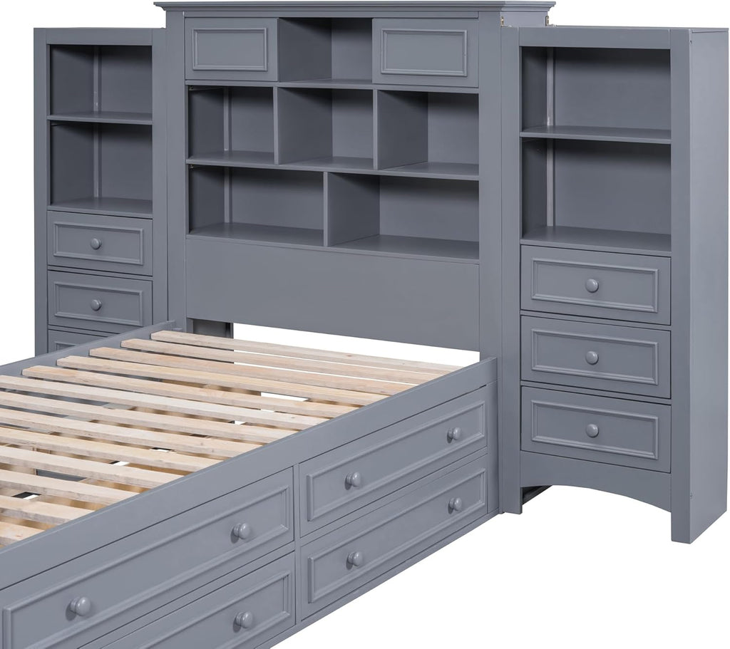 Gray Twin Size Wood Platform Bed Frame with Bookcase Headboard and 4 Drawers N968529