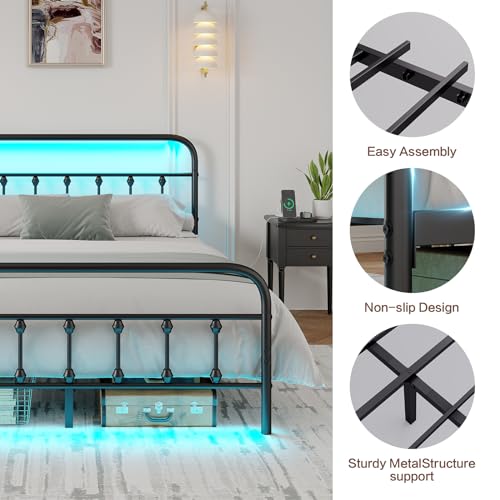 Black Metal Platform Bed Frame with LED J613711