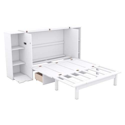 White Queen Size Wood Murphy Bed with Shelves and Storage Drawers U66402