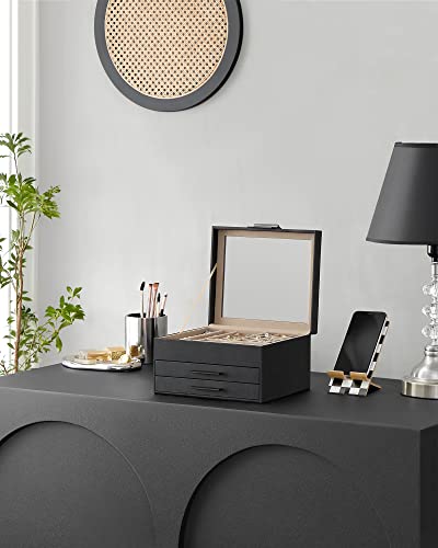 4-Layer Jewelry Organizer with Glass Lid, 3 Drawers, Dove Gray and Gold N186364